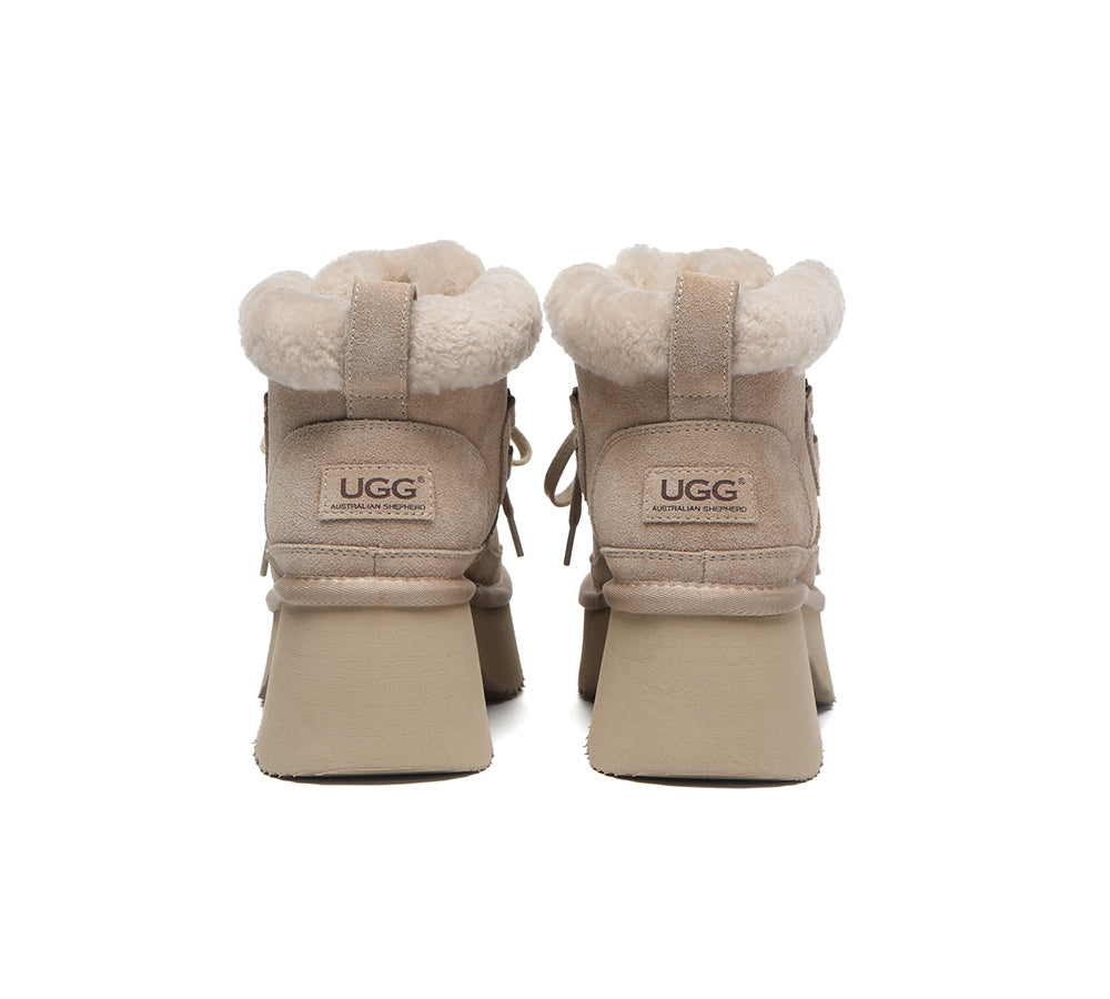 AUSTRALIAN SHEPHERD® UGG Boots Women Sheepskin Wool Lace Up Chunky Platform Bumpy
