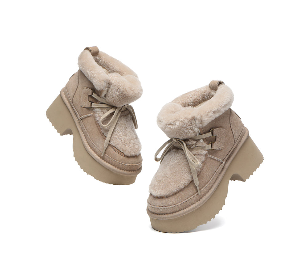 AUSTRALIAN SHEPHERD® UGG Boots Women Sheepskin Wool Lace Up Chunky Platform Bumpy