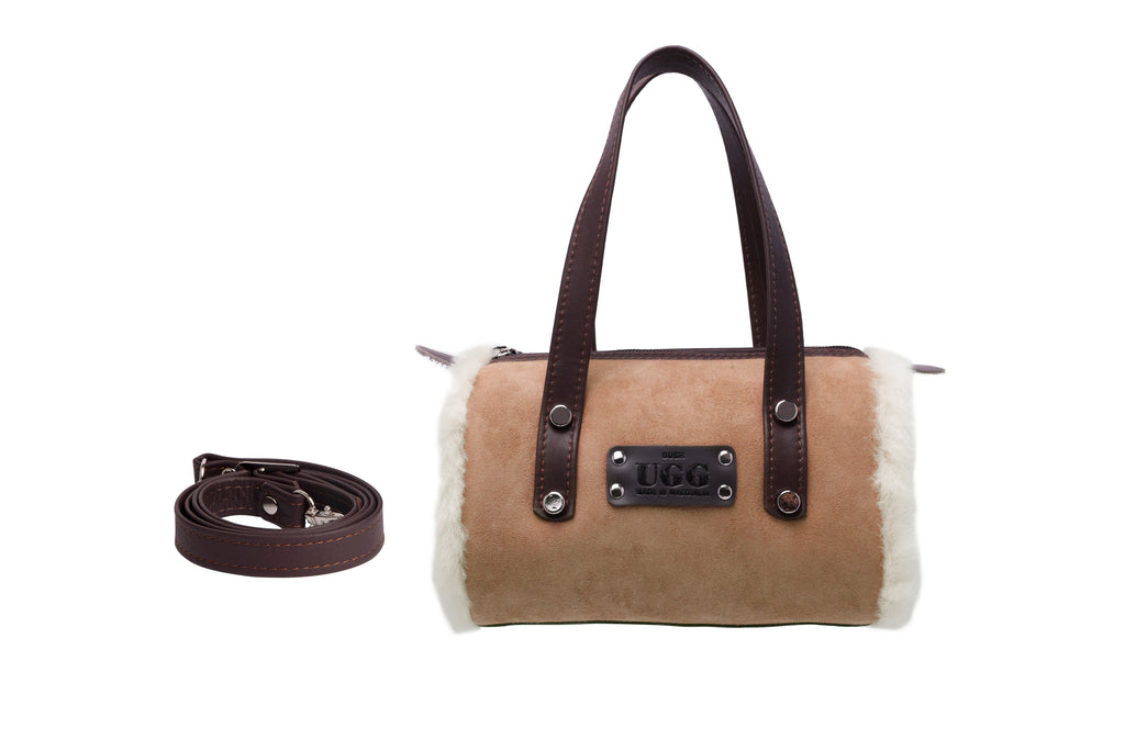 Women Sheepskin Wool Small Hand Carry Shoulder Strap Zip Barrell Bag - UGG EXPRESS
