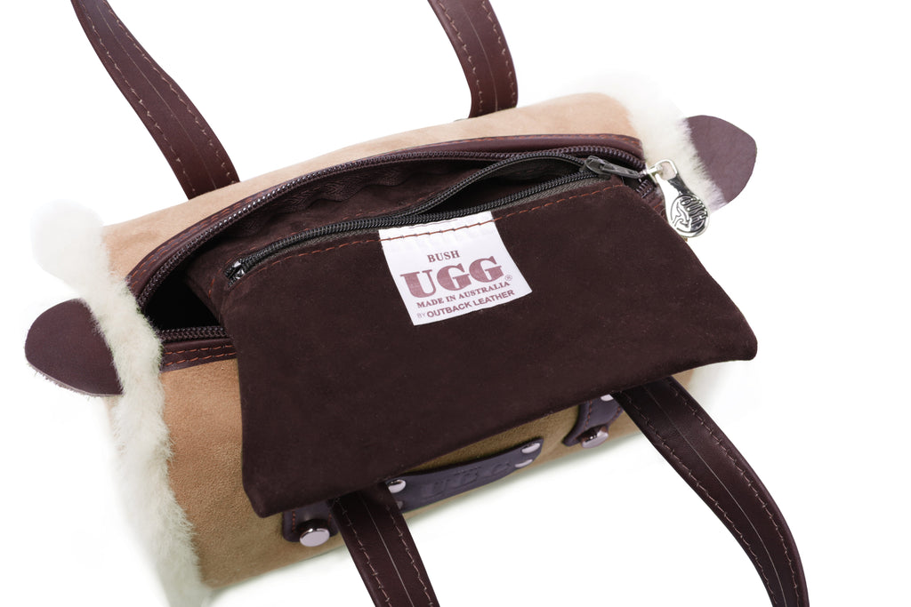 Women Sheepskin Wool Small Hand Carry Shoulder Strap Zip Barrell Bag - UGG EXPRESS