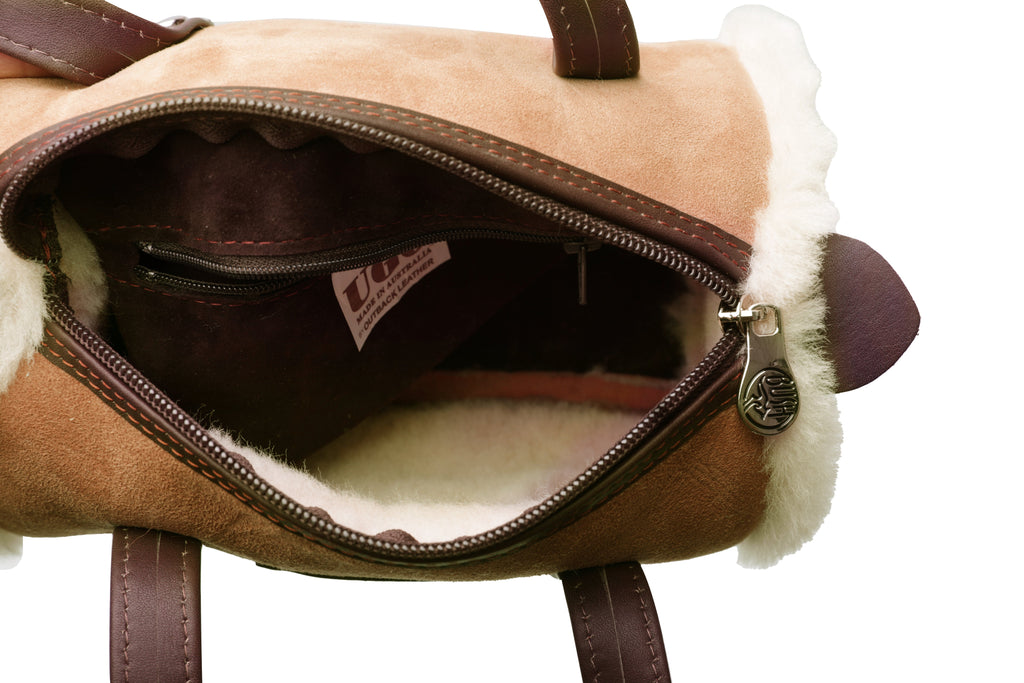 Women Sheepskin Wool Small Hand Carry Shoulder Strap Zip Barrell Bag - UGG EXPRESS