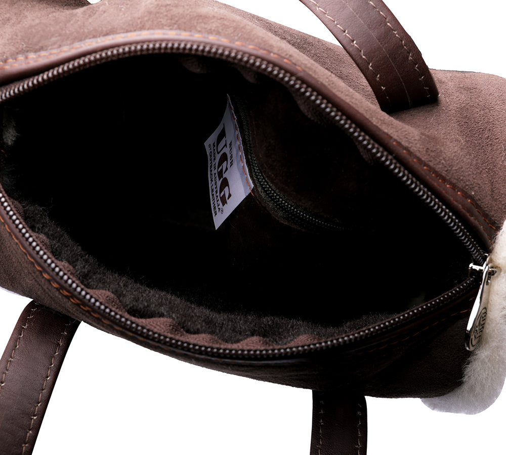 Women Sheepskin Wool Small Hand Carry Shoulder Strap Zip Barrell Bag - UGG EXPRESS