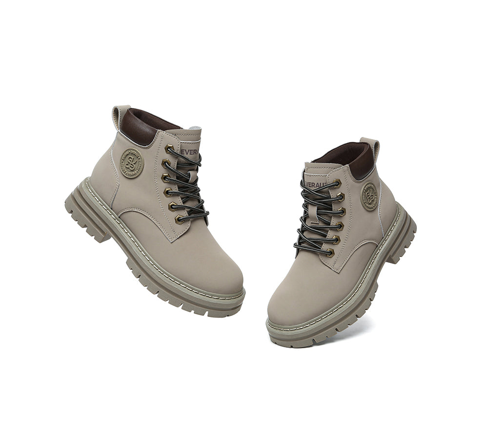 EVERAU® UGG Boots Women Leather Sheepskin Wool Lace Up Chunky Aubrey