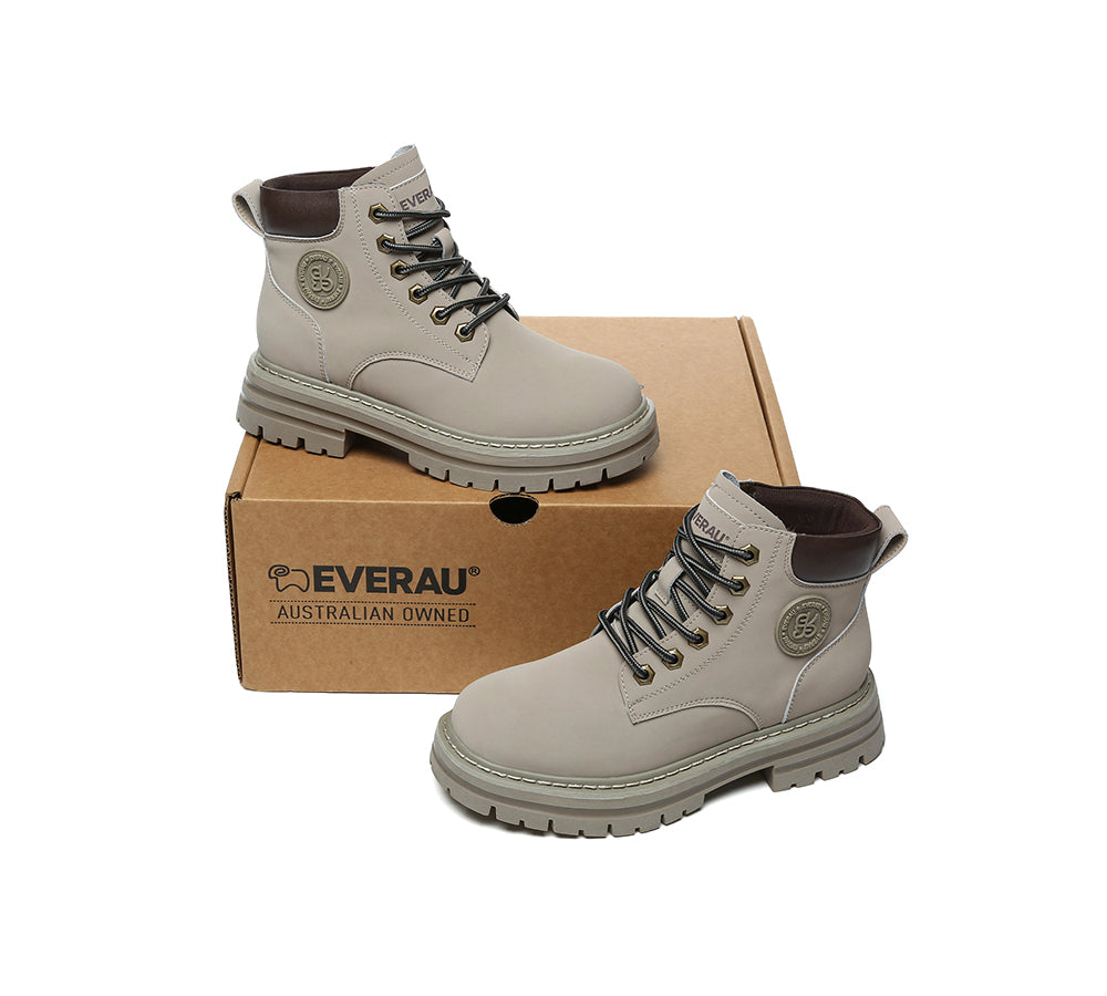 EVERAU® UGG Boots Women Leather Sheepskin Wool Lace Up Chunky Aubrey