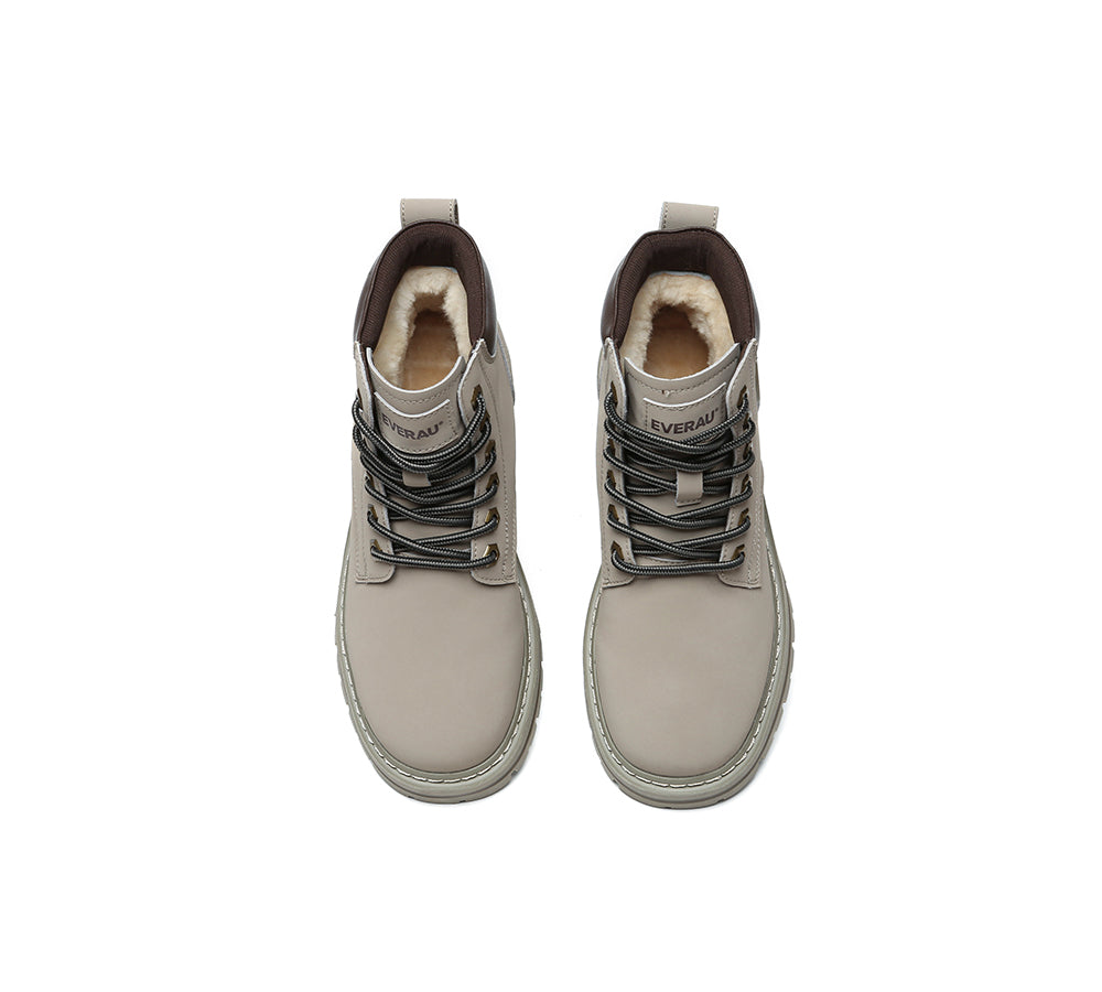 EVERAU® UGG Boots Women Leather Sheepskin Wool Lace Up Chunky Aubrey