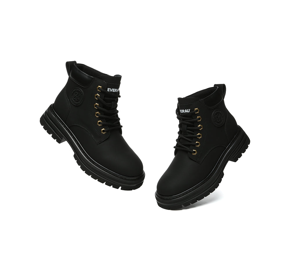 EVERAU® UGG Boots Women Leather Sheepskin Wool Lace Up Chunky Aubrey