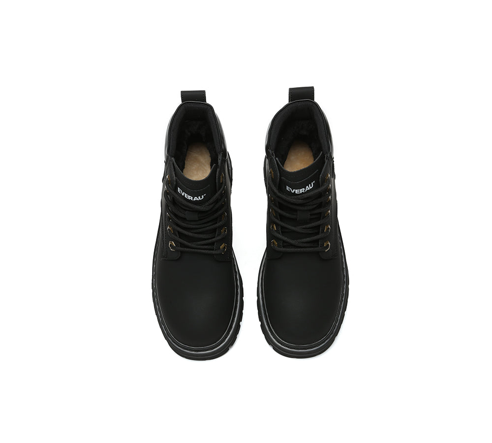 EVERAU® UGG Boots Women Leather Sheepskin Wool Lace Up Chunky Aubrey