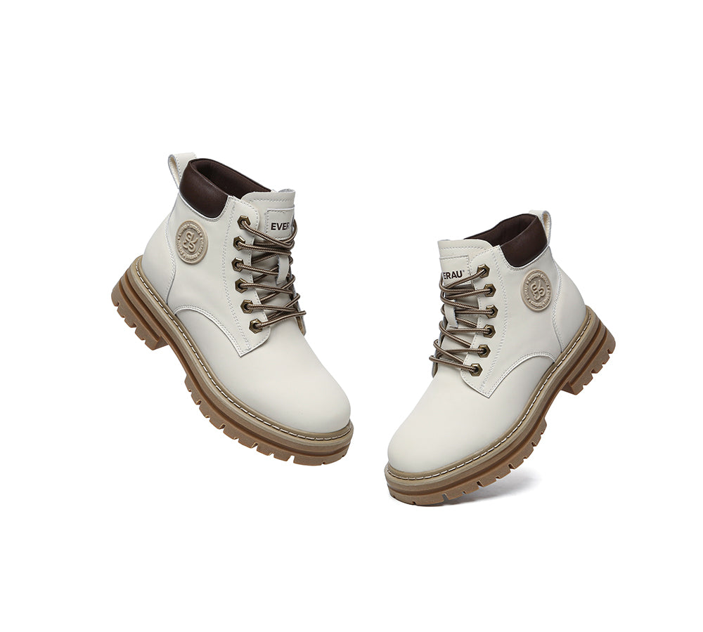 EVERAU® UGG Boots Women Leather Sheepskin Wool Lace Up Chunky Aubrey