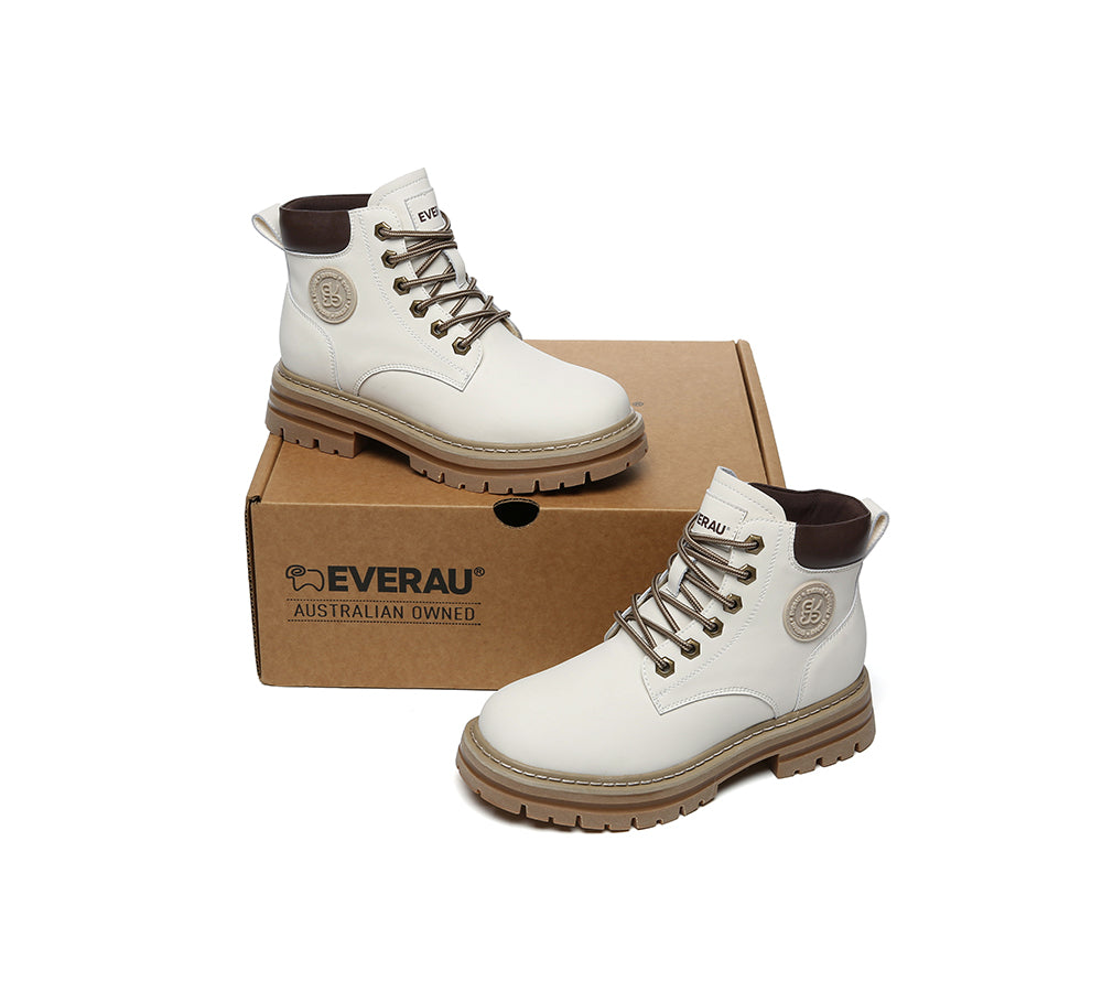 EVERAU® UGG Boots Women Leather Sheepskin Wool Lace Up Chunky Aubrey