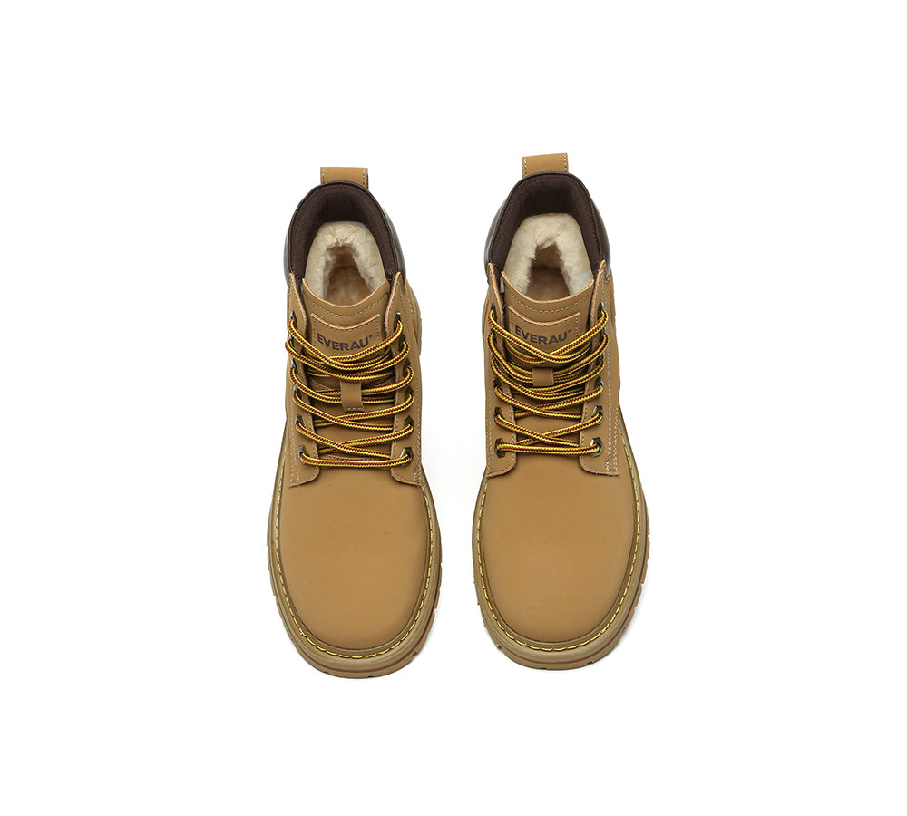 EVERAU® UGG Boots Women Leather Sheepskin Wool Lace Up Chunky Aubrey