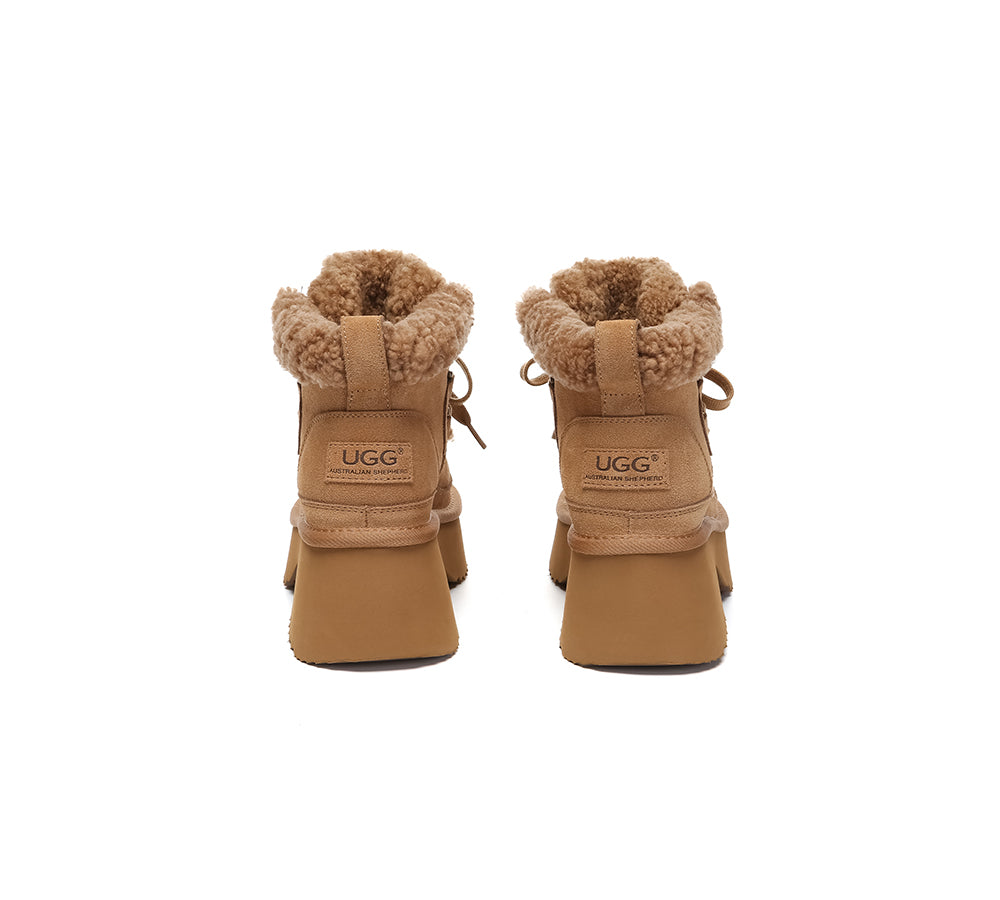 AUSTRALIAN SHEPHERD® UGG Boots Women Sheepskin Wool Lace Up Chunky Platform Bumpy