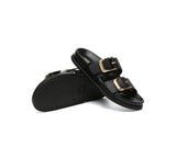 EVERAU® Leather Flat Sandals Women Double Strap Buckle Mounish EVERAU