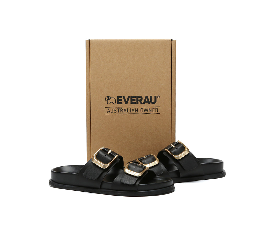 EVERAU® Leather Flat Sandals Women Double Strap Buckle Mounish EVERAU