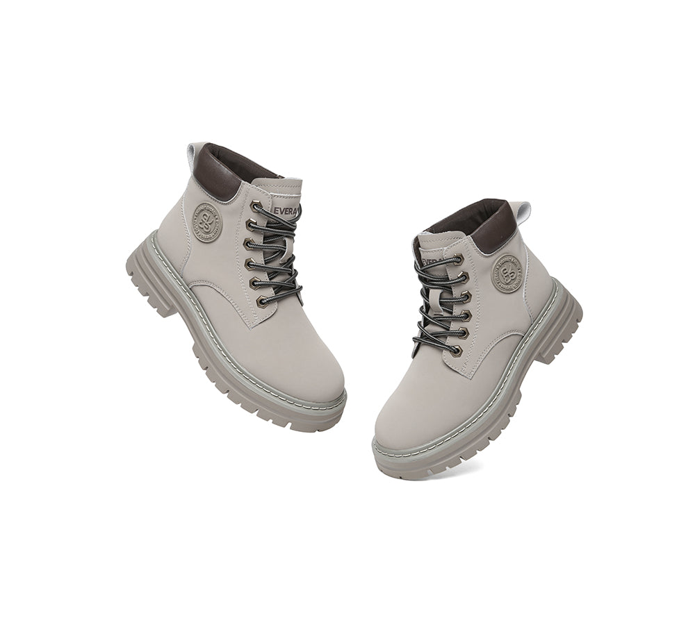 EVERAU® Women Leather Lace Up Chunky Boots Stephanie