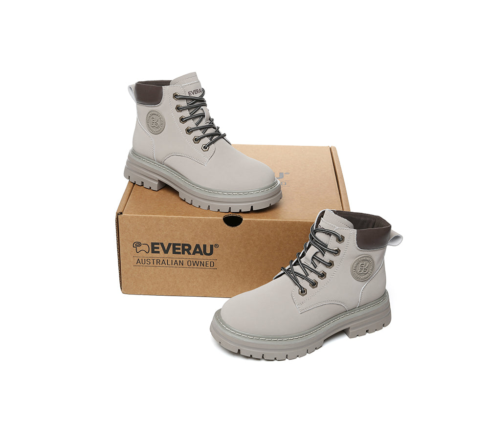 EVERAU® Women Leather Lace Up Chunky Boots Stephanie