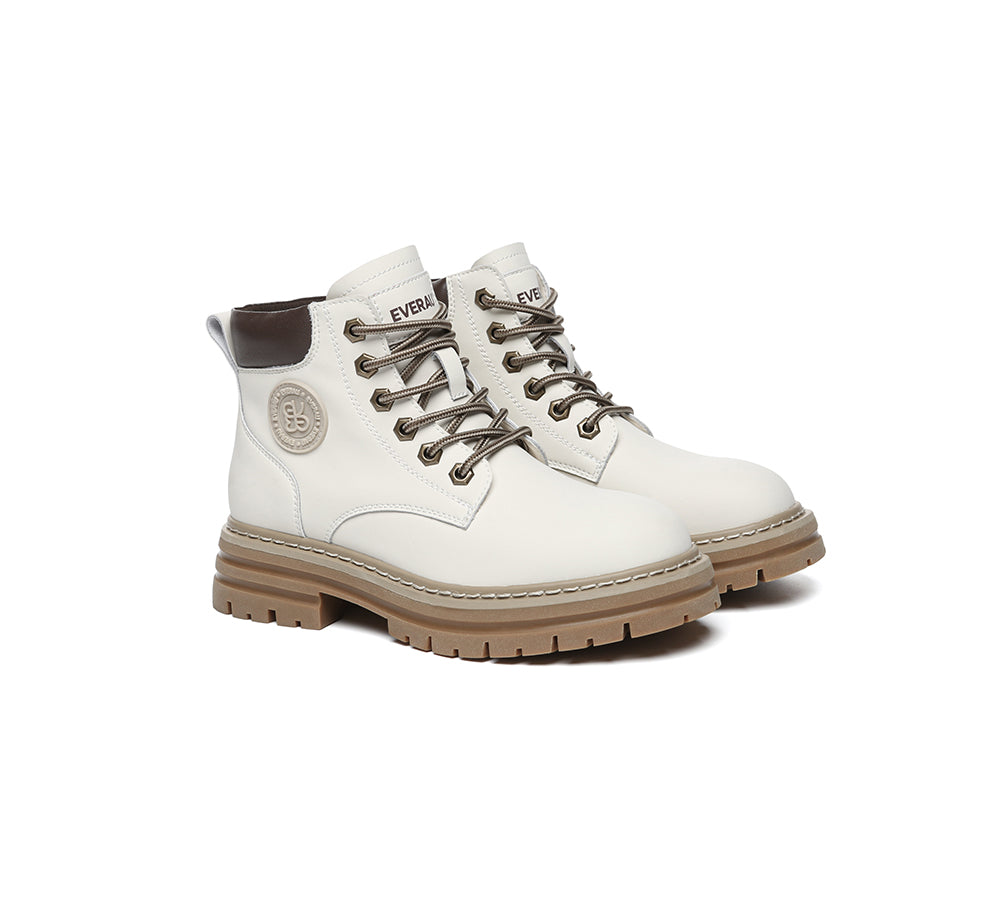 EVERAU® Women Leather Lace Up Chunky Boots Stephanie