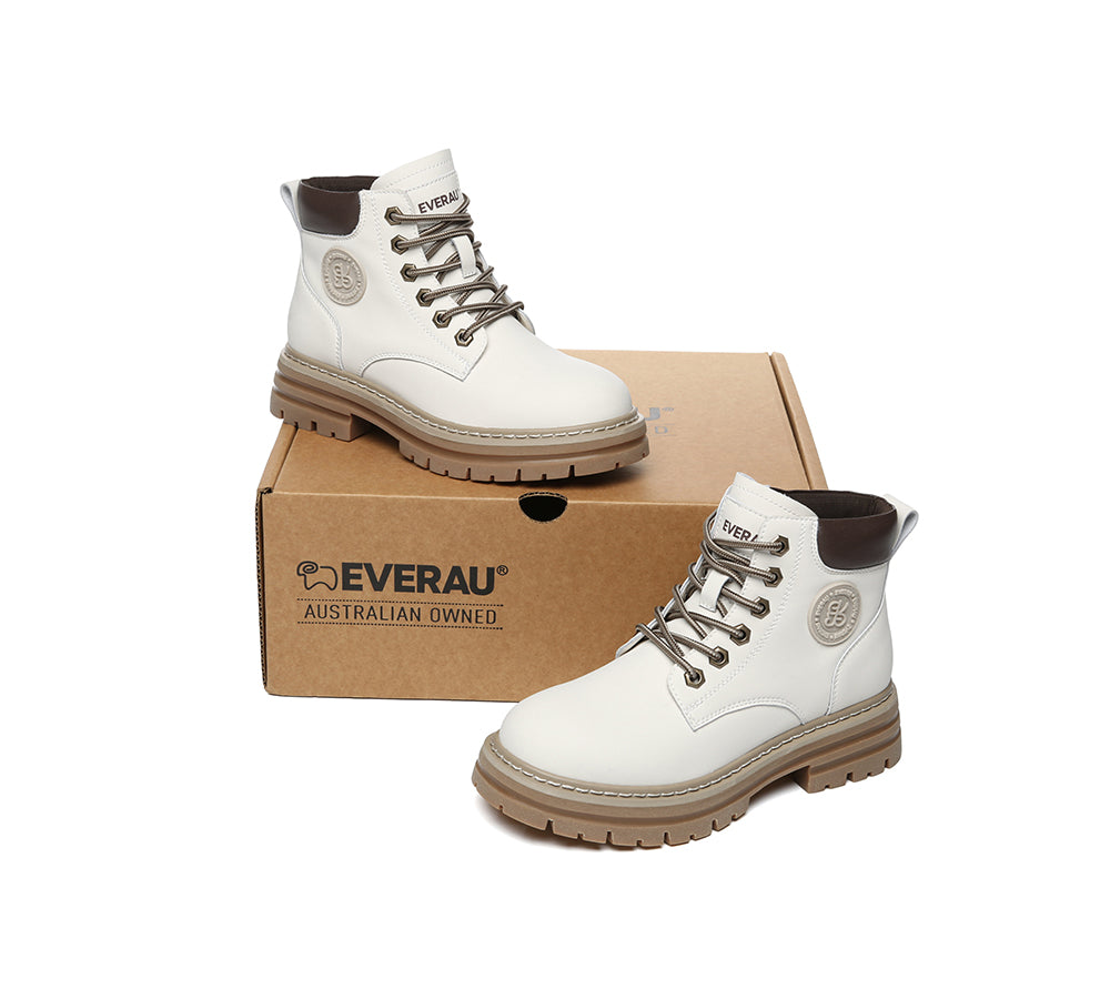 EVERAU® Women Leather Lace Up Chunky Boots Stephanie