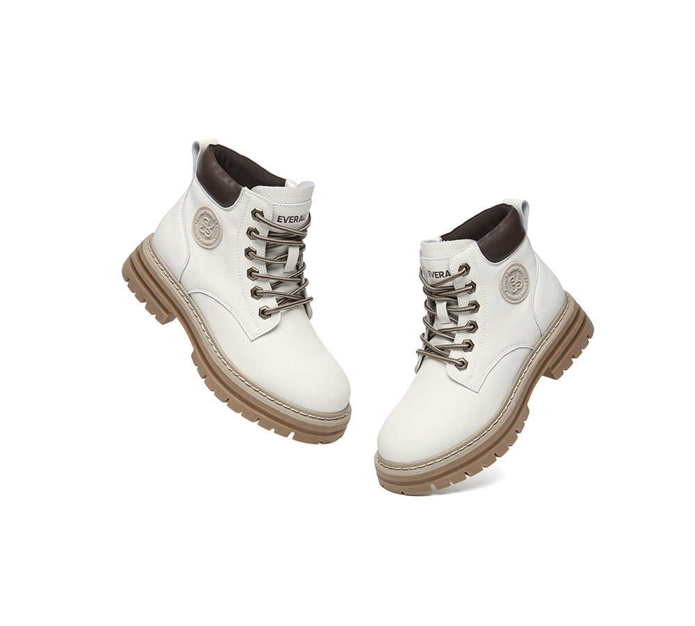 EVERAU® Women Leather Lace Up Chunky Boots Stephanie