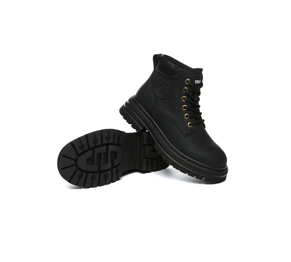 EVERAU® Women Leather Lace Up Chunky Boots Stephanie