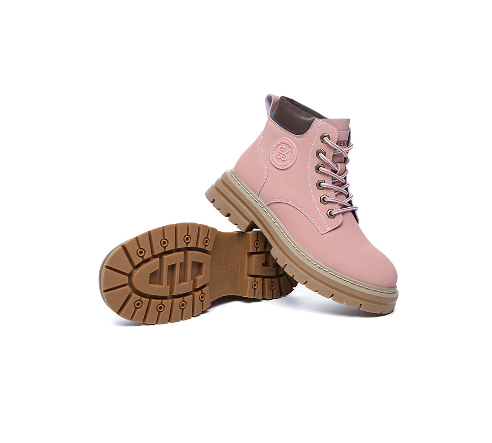 EVERAU® Women Leather Lace Up Chunky Boots Stephanie