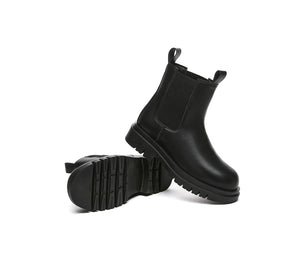 EVERAU® Women Leather Sheepskin Wool Black Chunky Boots Vaneta