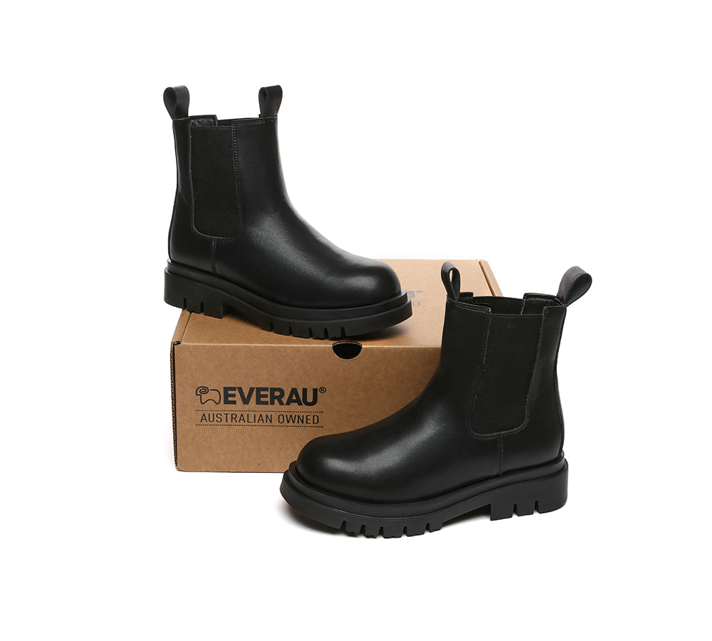 EVERAU® Women Leather Sheepskin Wool Black Chunky Boots Vaneta