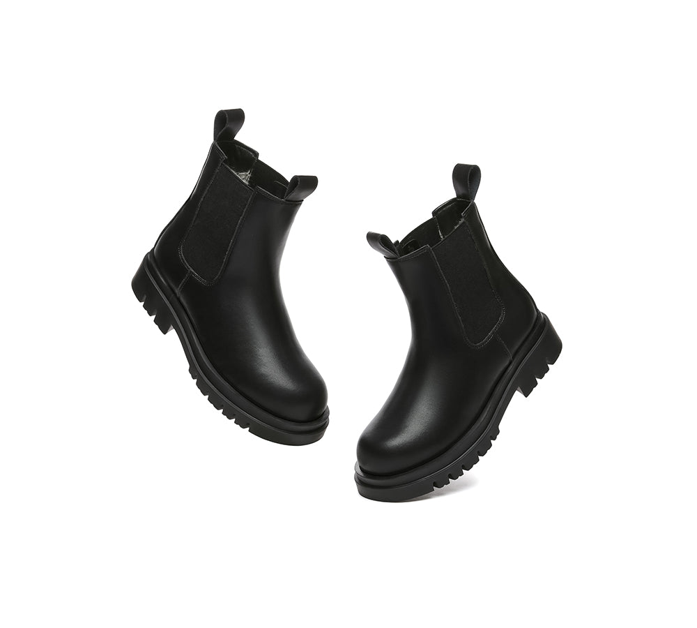 EVERAU® Women Leather Sheepskin Wool Black Chunky Boots Vaneta