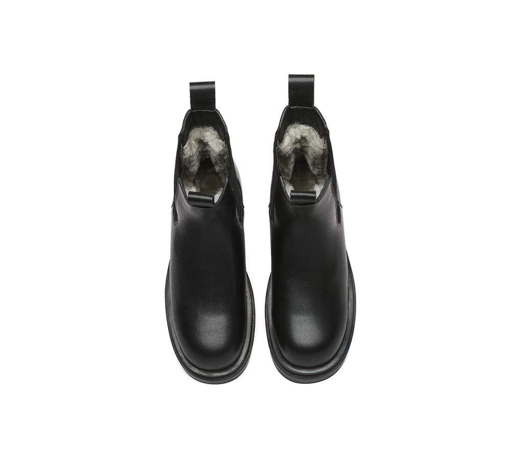 EVERAU® Women Leather Sheepskin Wool Black Chunky Boots Vaneta