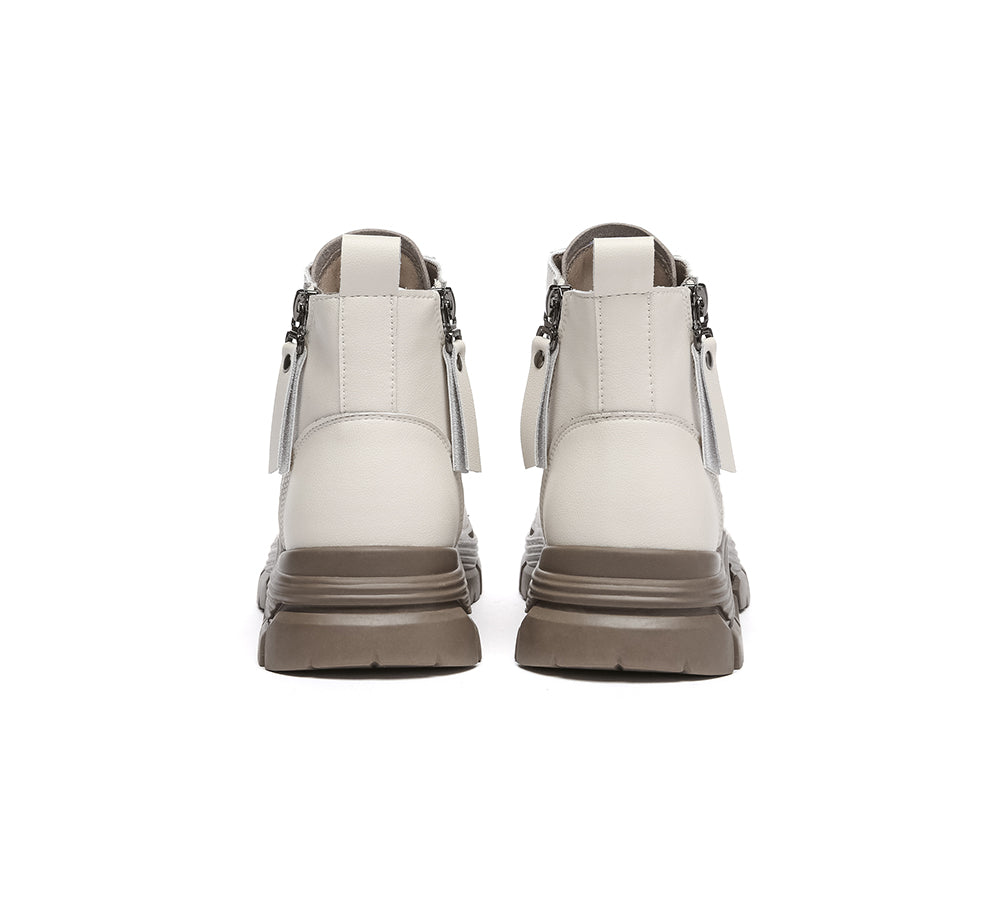 EVERAU® Women Leather Lace Up Zipper Chunky Boots Lorrin