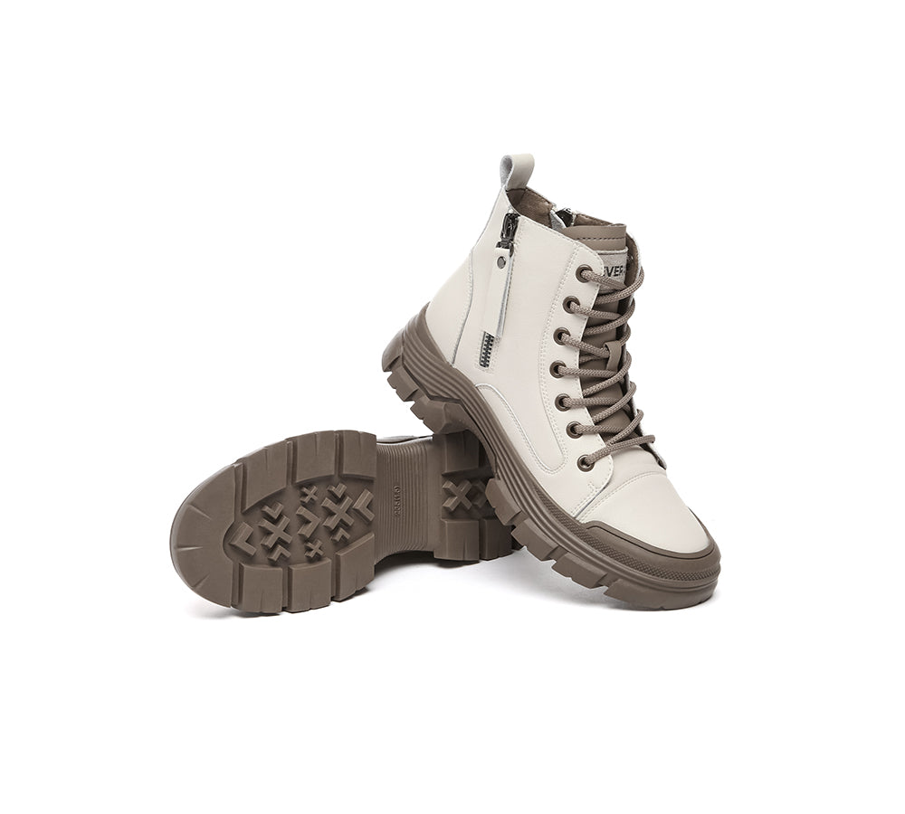 EVERAU® Women Leather Lace Up Zipper Chunky Boots Lorrin