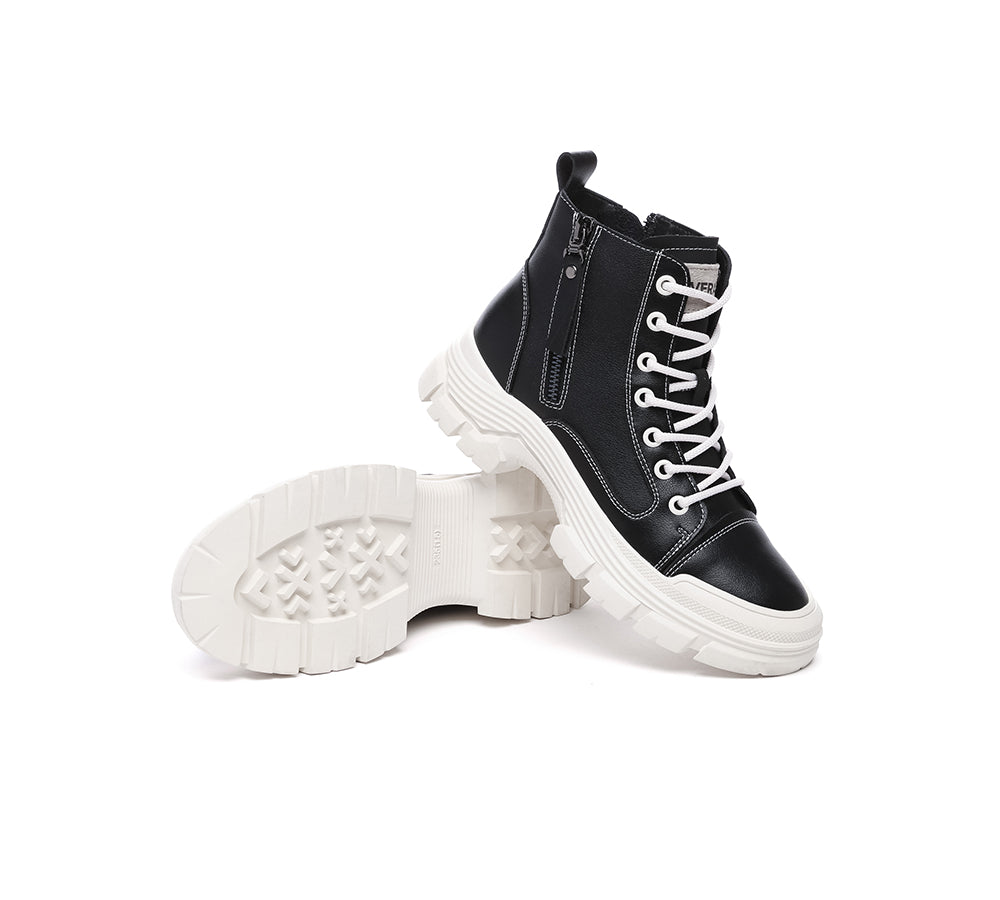 EVERAU® Women Leather Lace Up Zipper Chunky Boots Lorrin