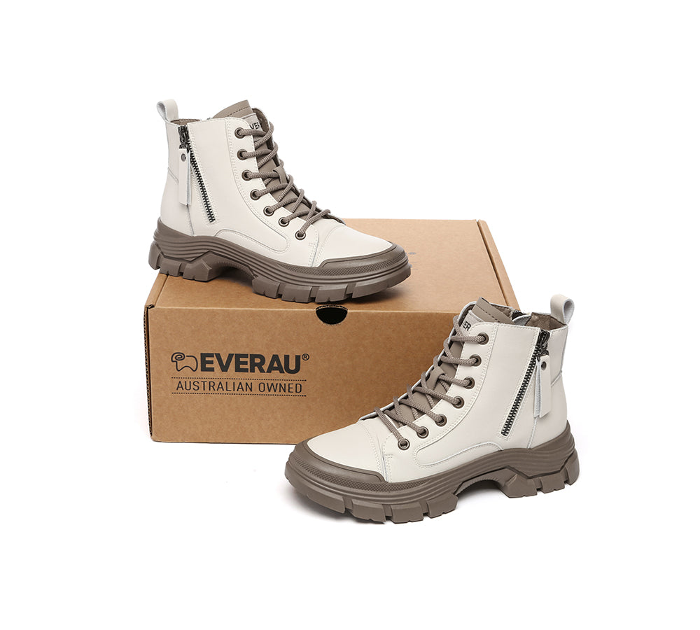 EVERAU® Women Leather Lace Up Zipper Chunky Boots Lorrin