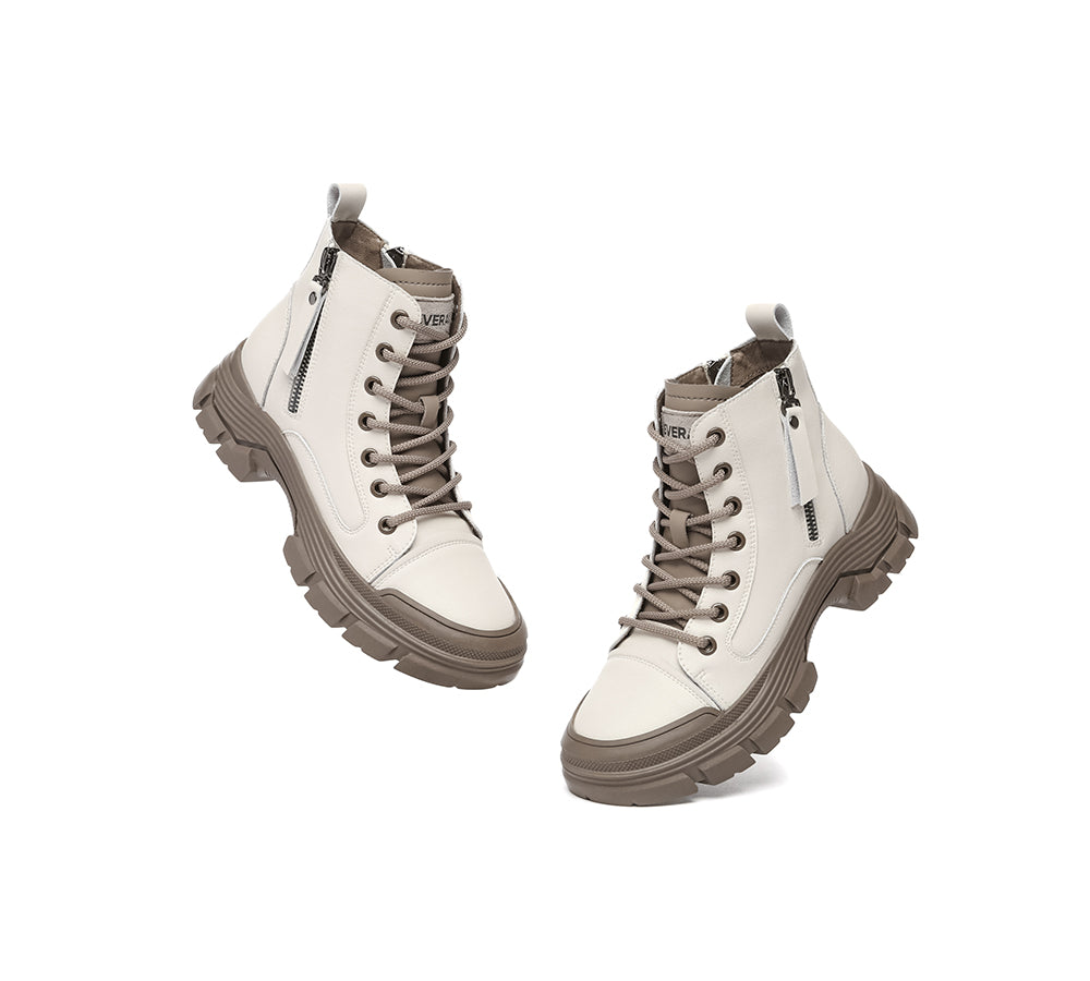 EVERAU® Women Leather Lace Up Zipper Chunky Boots Lorrin