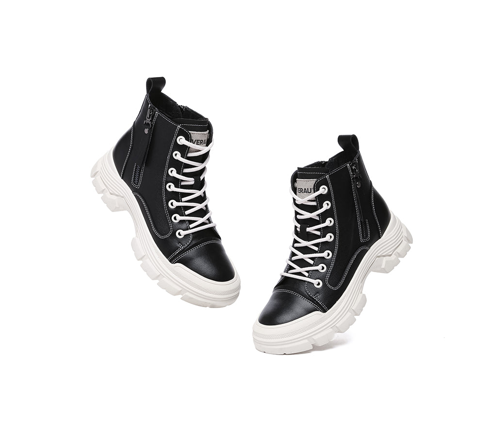 EVERAU® Women Leather Lace Up Zipper Chunky Boots Lorrin