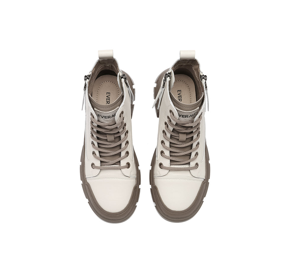 EVERAU® Women Leather Lace Up Zipper Chunky Boots Lorrin