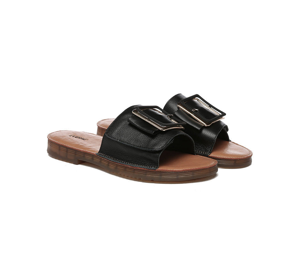 Slides - Women Leather Buckle Top Ultra Soft Slides Bera