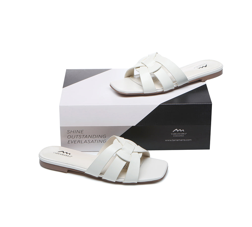 Slides - Leather Woven Flat Slides Women Jennifer