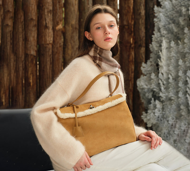 AUSTRALIAN SHEPHERD® Women Fluffy Wool Adjustable Strap Over Shoulder Tote Bag Duwel UGG AUSTRALIAN SHEPHERD