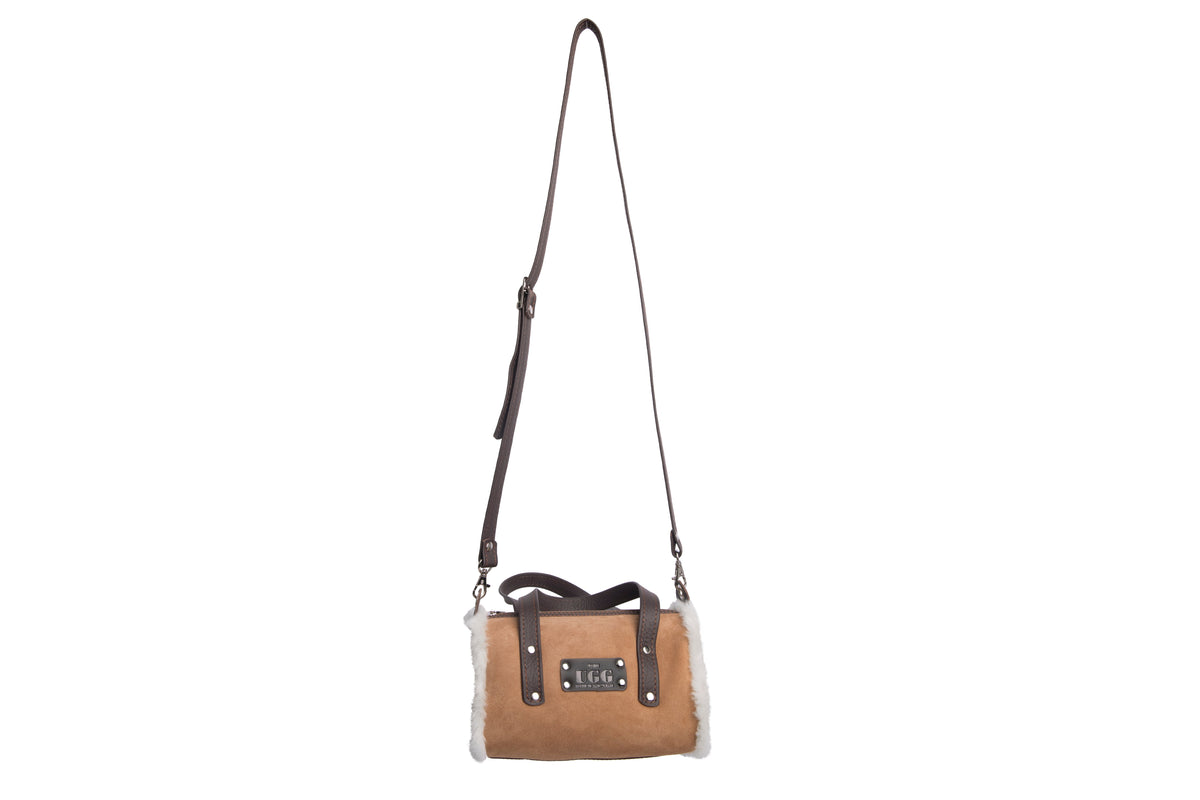 Women Sheepskin Wool Small Hand Carry Shoulder Strap Zip Barrell Bag - UGG EXPRESS
