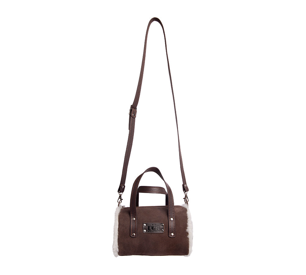 Women Sheepskin Wool Small Hand Carry Shoulder Strap Zip Barrell Bag - UGG EXPRESS