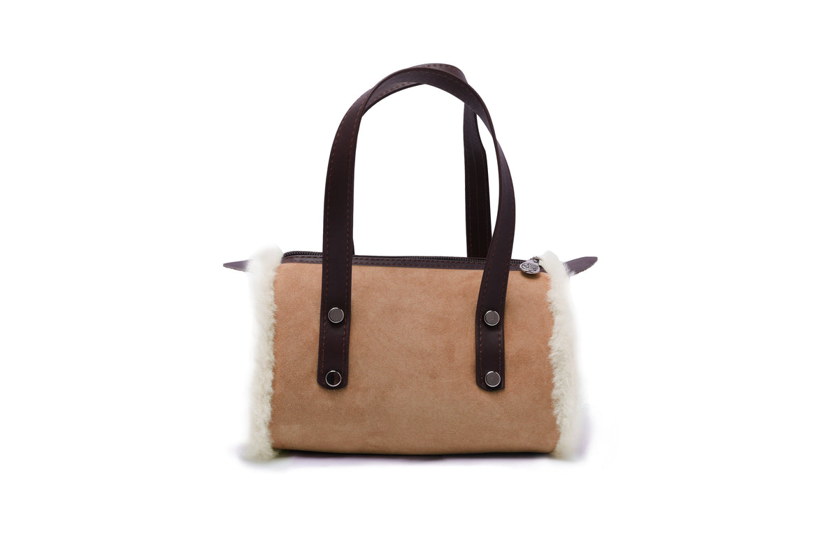 Women Sheepskin Wool Small Hand Carry Shoulder Strap Zip Barrell Bag - UGG EXPRESS