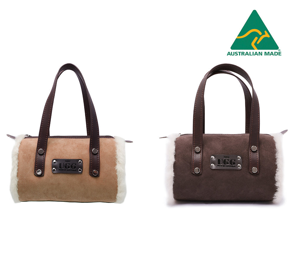Women Sheepskin Wool Small Hand Carry Shoulder Strap Zip Barrell Bag - UGG EXPRESS