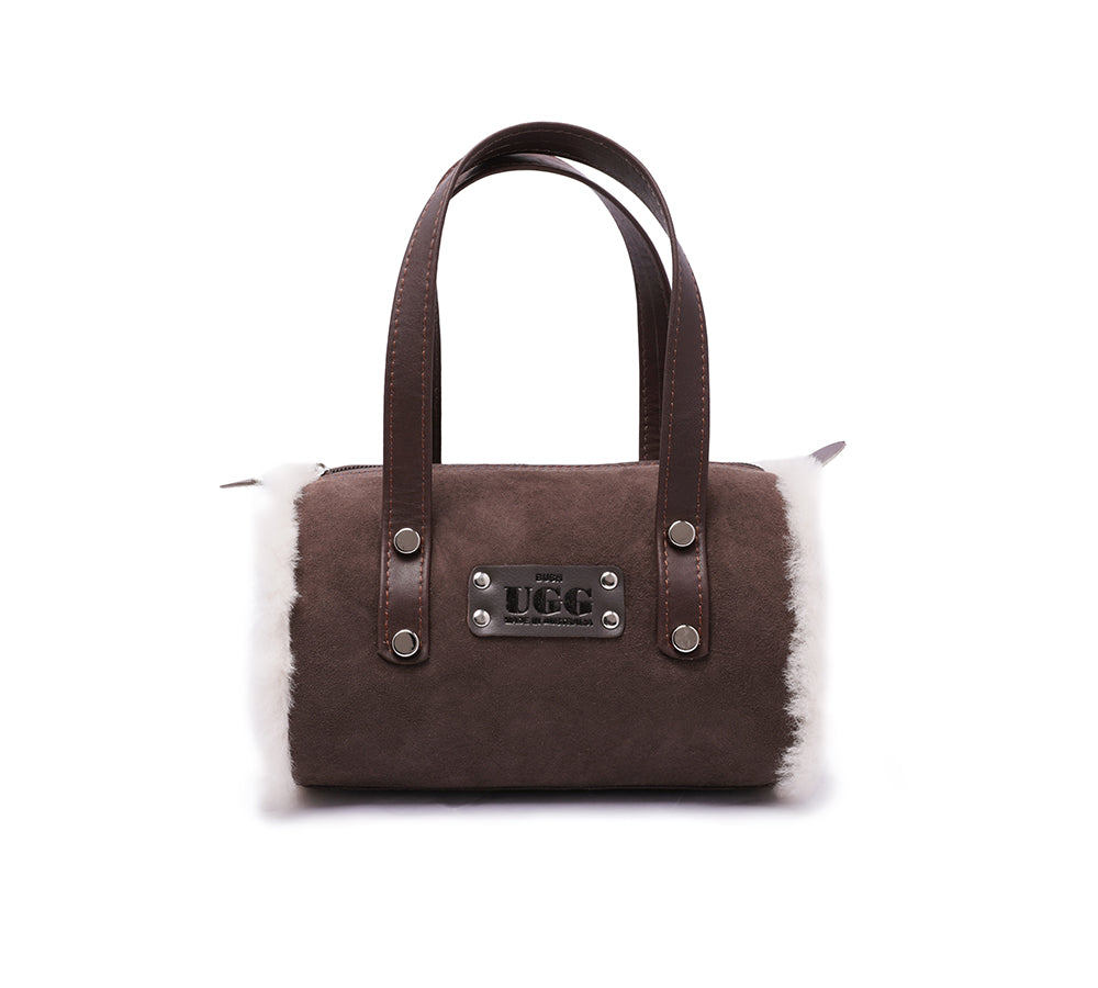 Women Sheepskin Wool Small Hand Carry Shoulder Strap Zip Barrell Bag - UGG EXPRESS