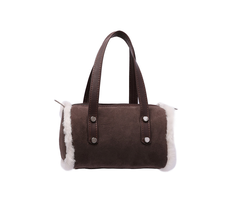 Women Sheepskin Wool Small Hand Carry Shoulder Strap Zip Barrell Bag - UGG EXPRESS