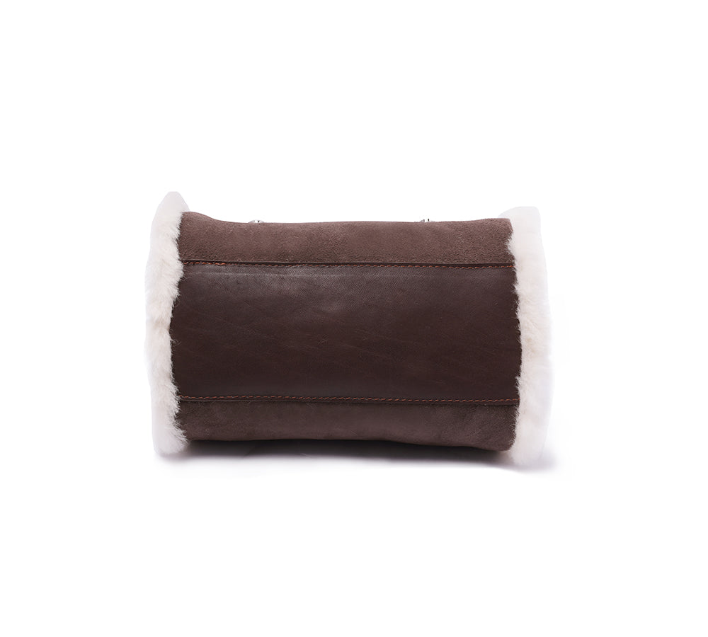 Women Sheepskin Wool Small Hand Carry Shoulder Strap Zip Barrell Bag - UGG EXPRESS