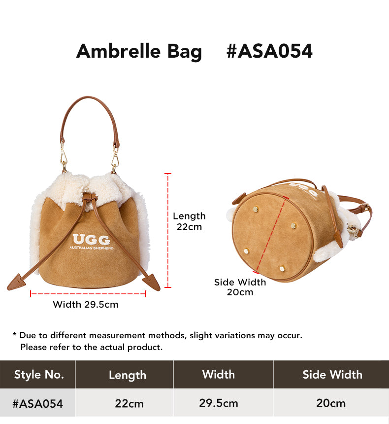 AUSTRALIAN SHEPHERD® Women Fluffy Wool Drawstring Over Shoulder Bucket Bag Ambrelle size chart