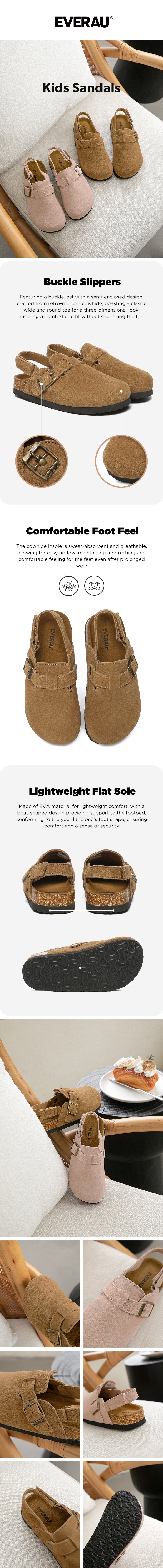 EVERAU® Kids Sandals Adjustable Buckle Straps Flat Clogs