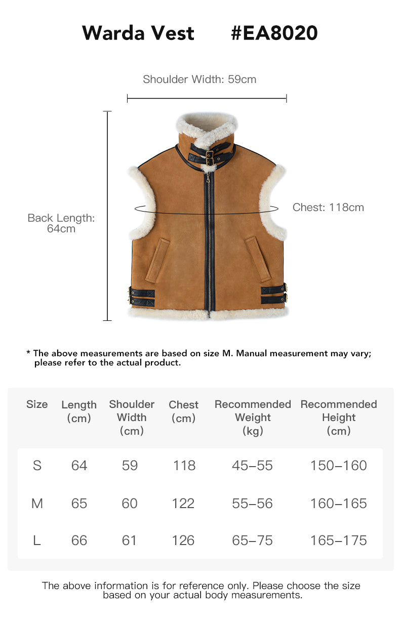EVERAU® Sheepskin Wool Vest Dale size chart