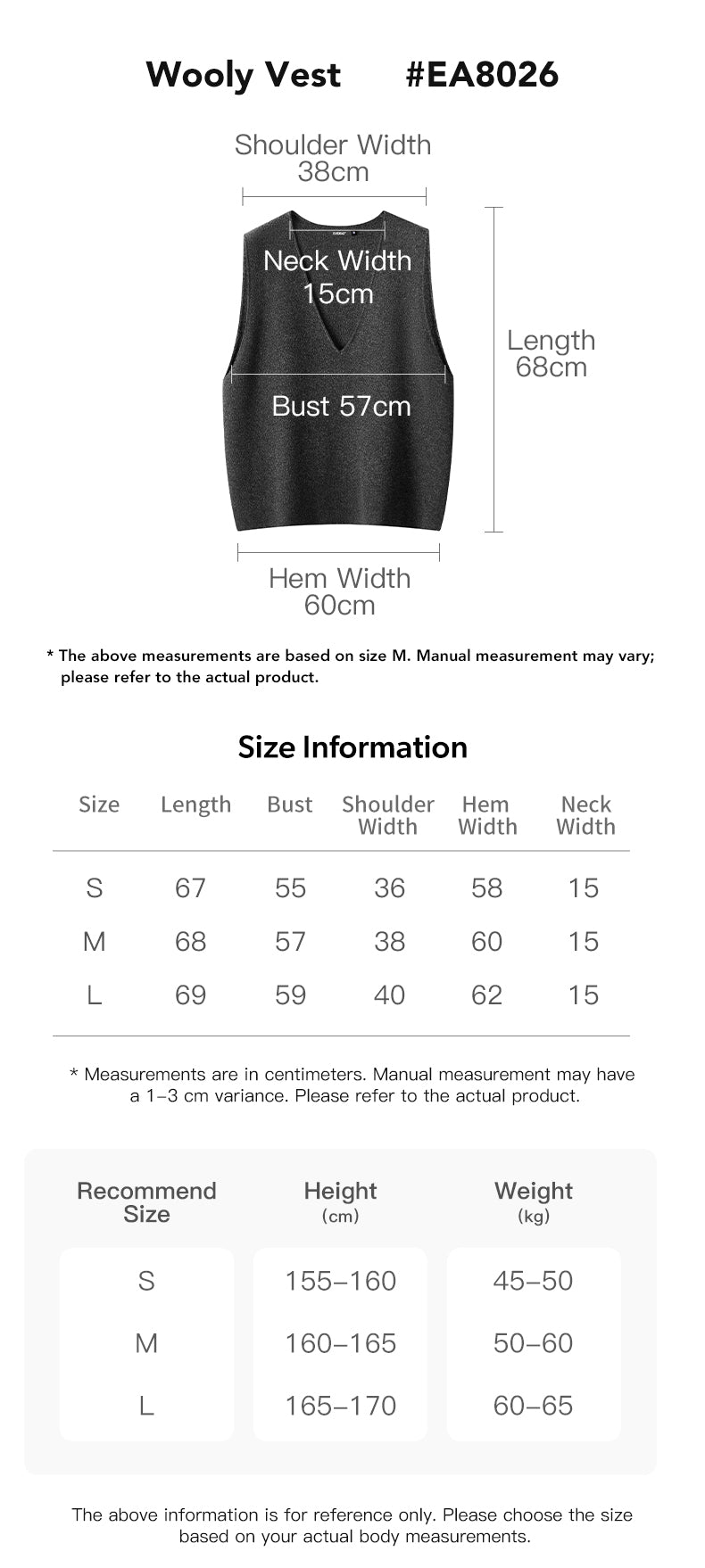 EVERAU® 100% Wool Wooly Vest size chart