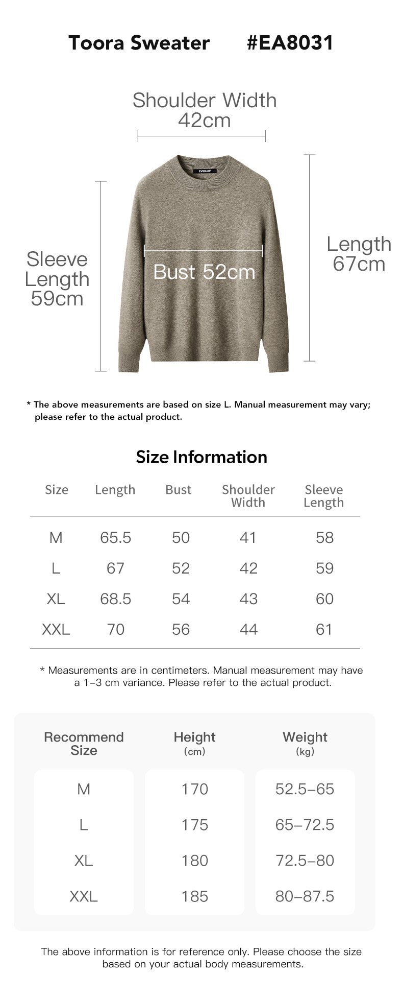 EVERAU® Yak Wool Cashmere Blend Sweater Toora size chart